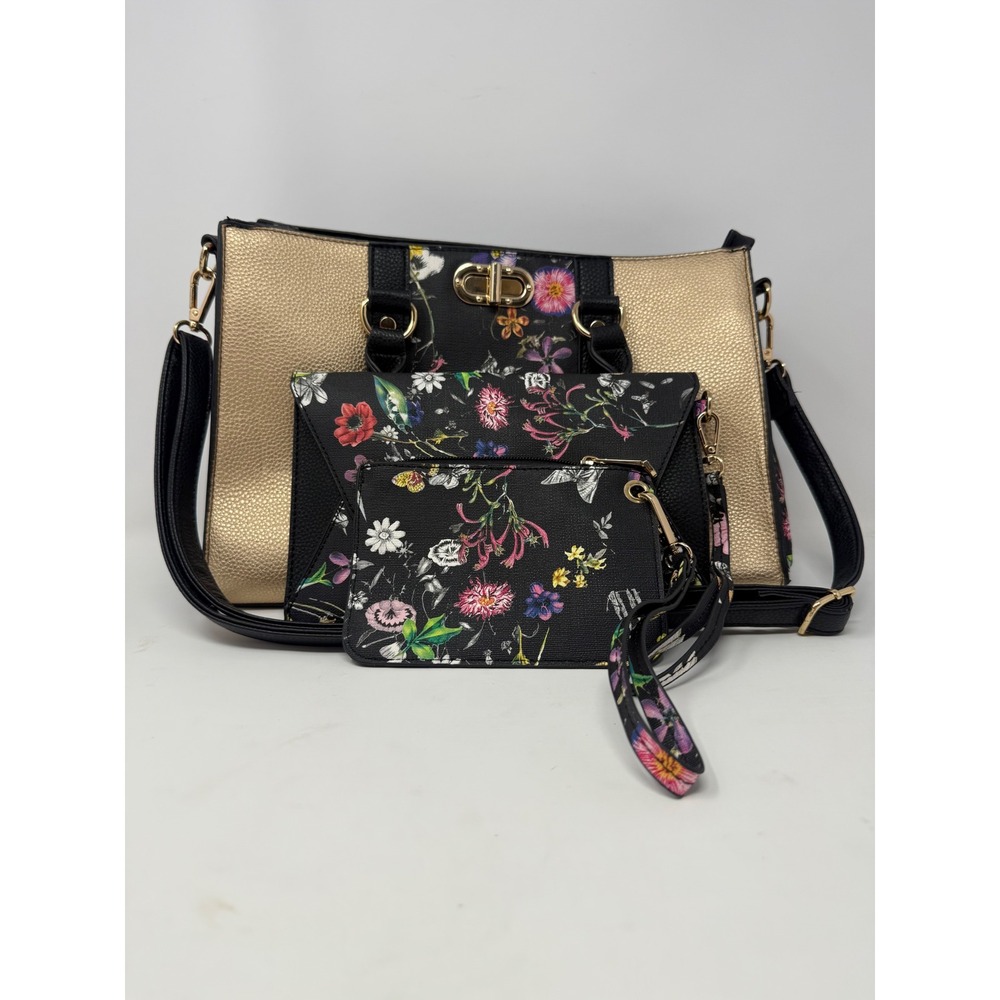 Dasein Floral‎ Butterfly Satchel Handbag 3 Piece Set Black Gold Metallic Vegan